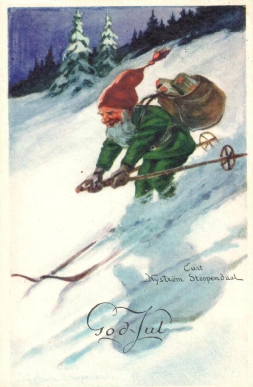 Bernard the Kung Fu Elf, training for a spot on the elite North Pole Alpine Search a Rescue team. (Source: late 1940s Swedish Postcard, Authors personal collection.)