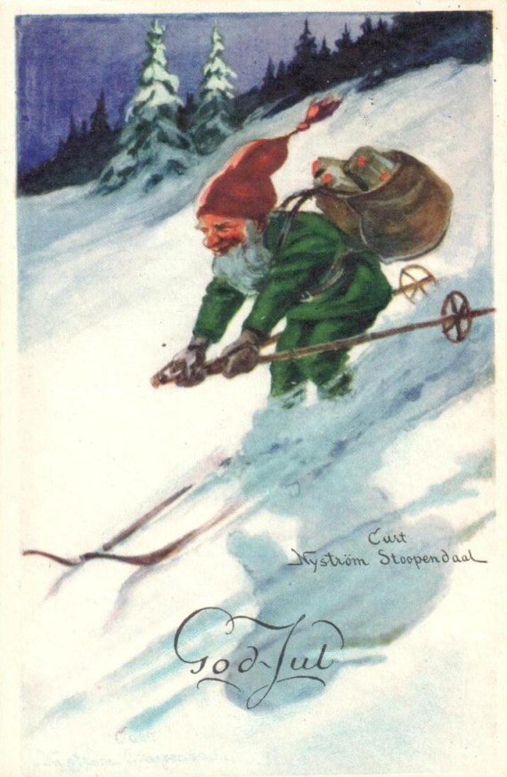 Bernard the Kung Fu Elf, training for a spot on the elite North Pole Alpine Search a Rescue team. (Source: late 1940s Swedish Postcard, Authors personal collection.)