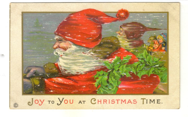 Bernard the Kung Fu Elf riding Shotgun with Santa. (Source: Vintage American Postcard, authors personal collection.)