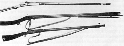 Chinese Matchlocks, most likely Qing era. The middle example is the type most commonly encountered in historic illustrations. The top most model appears to be Indian in style. Source: Wikimedia.