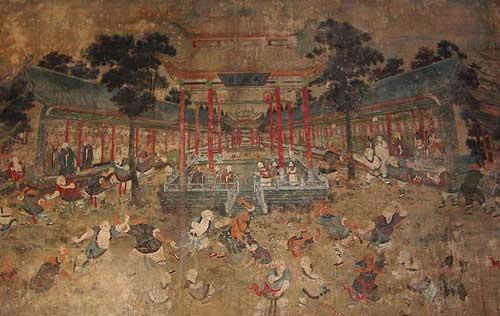 Early 19th Century Mural, Shaolin Temple. This work of art depicts the monks demonstrating their Martial Arts for a visiting Qing dignitary. Luckily this historically significant piece of art survived the 1928 destruction of the temple.