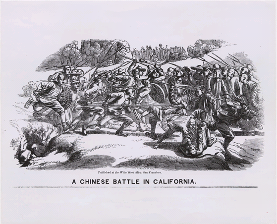 "A Chinese Battle in California." Depiction of rival tongs of Chinese miners at Weaverville in June 1854. Contributing Institution: California Historical Society. Bancroft Library, UC Berkley.