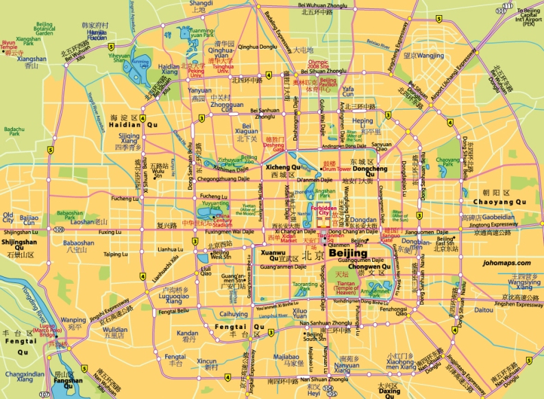 A modern tourist map of Beijing. Note how much the the city has grown over in size over the last 100 years. Vintage maps can be a useful research tool when writing on Chinese martial studies.