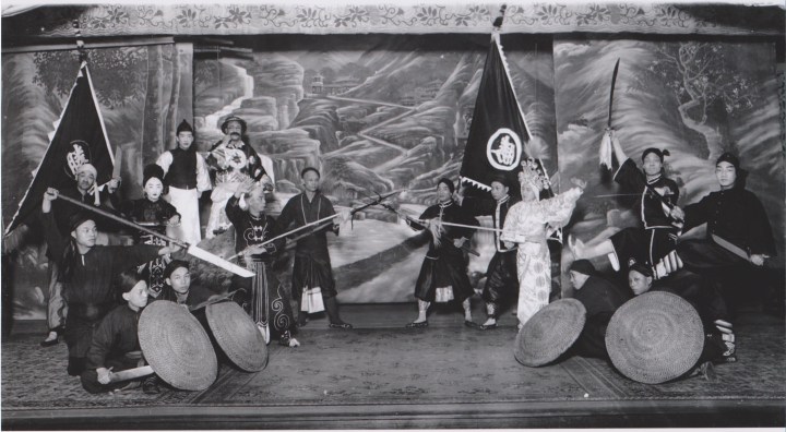 Cantonese Opera Performers in San Francisco, circa 1900.  Chinese Opera and Popular entertainment has been linked to the martial arts since at least the Song dynasty.  Even in the Han dynasty military performances were a central part of the "Hundred Events."