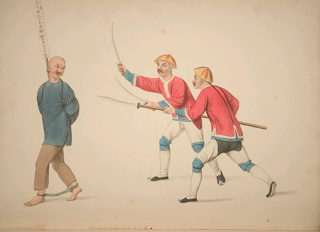 This engraving, published in 1801, is typical of the challenges faced when using cross-cultural sources in an attempt to reconstruct Chinese martial history. The image is plate number 20 from Major George Henry Mason’s popular 1801 publication Punishments of China (St James: W. Bulmer and Co.). Mason was in Guangzou (recovering from an illness) in 1789-1790. Given his experience in China, and interests in day to day life, he should have been a keen social observer. So how reliable are his prints? Does this image really show a soldier holding an early form of hudiedao, or something like them?It is actually quite hard to know what Mason actually saw or what to make of a print like this. Mason’s engravings were all based on watercolor paintings that he purchased from a Cantonese artist in Guangzhou named Pu Qua (Timothy Brook, Jérôme Bourgon, Gregory Blue. Death by a Thousand Cuts. Harvard University Press. 2008. P. 171). So what we really have here is an impressionistic engraving based off of a quickly sketched water color. While this image clearly suggests that some members of the local Yamen were using two medium sized swords, it is difficult to hazard a guess as to what the exact details of these weapons were. I attempt to avoid this type of problem by relying on first-hand accounts and more detailed (often photographic) images.