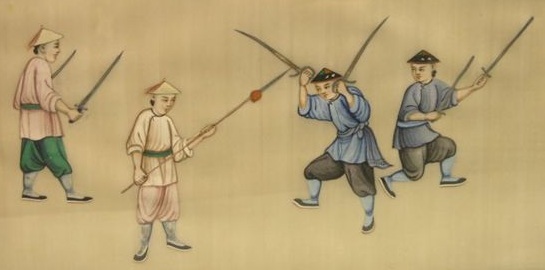 A very interesting painting from the previous series.  Note that this one shows individuals with clearly rendered Hudiedao, Shuang Jian and Shuang Dao, suggesting the practical use of all three weapons.  Special thanks to Gavin Nugent  (www.swordsantiqueweapons.com/) for agreeing to share this image.