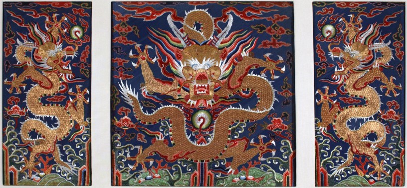 Late Ming, Embroidered Panel featuring dragons.  Circa 1600.