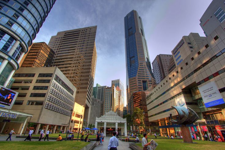 Raffles Place. An imposing view of the Singapore skyline. Source: Wikimedia.