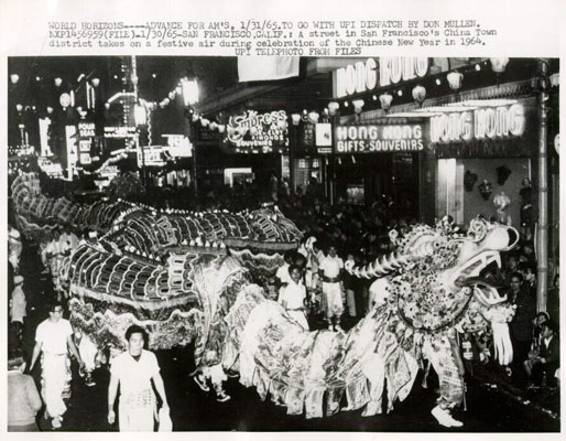 Dragon dance at a public festival in San Francisco.  1965.  Source: UPI press photo.