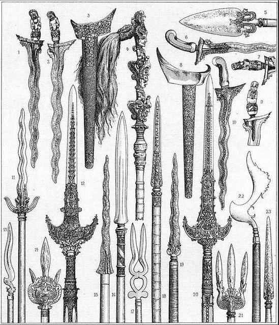 A vintage print showing various Indonesian knives and spears.