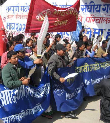 Large symbolic kukris being used in a demonstration calling for the adoption of proportional representation in voting in local elections, 2007.  Source: Ujir Magar.