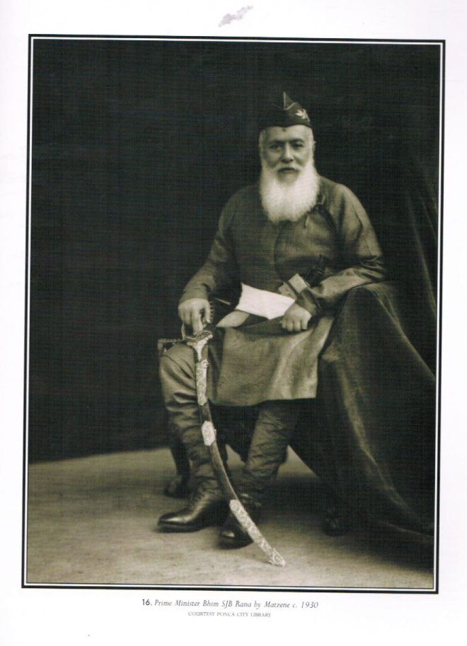 Prime Minister Bhim Shumsher, circa 1930.  Note the kukri prominently displayed in his belt.  In Nepal the kukri was an important symbol of political leadership.