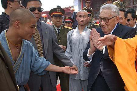 Former American Secretary of State (and the man who engennered Nixon's "Opening to China" as National Security Advisor) Henry Kissinger visits the Shaolin Temple.