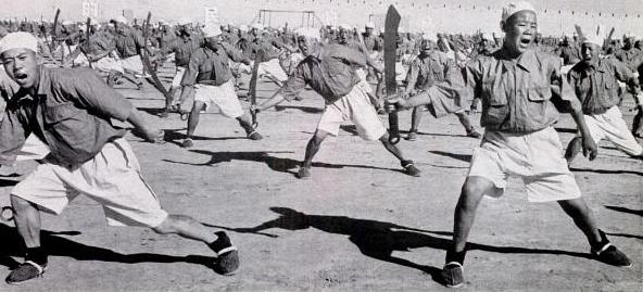 Troops from the Ma Clique train with Dadao, probably in north western China.  Photographer unknown.  Notice that most of the individuals in this formation are very young and also lack any form of rank or insignia on their uniforms.  I suspect that these are raw recruits or members of a paramilitary group.