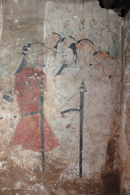 Mural showing two guards with swords at the opening to a 1500 year old Norther Qi dynasty tomb in Shuozhou City, Shanxi Province.  Source:   