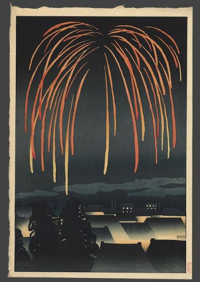 A more modern Japanese print showing summer fireworks.  Artist unkown (at least to me).