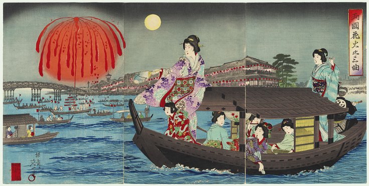 Women on a boat watching fireworks.  19th century Japanese woodblock print.
