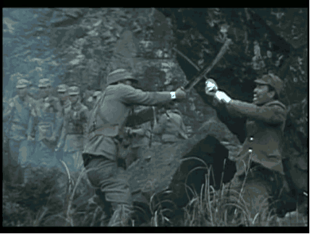 A scene from the ROC movie Heroic Martyrs Remembered for a Thousand Years showing the Chinese Big Knife winning over the Japanese Katana.  Source: Brian Kennedy.  
