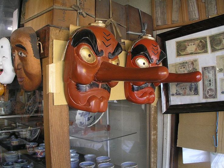 Tengu masks at a shop in Japan.  Source: Wikimedia.