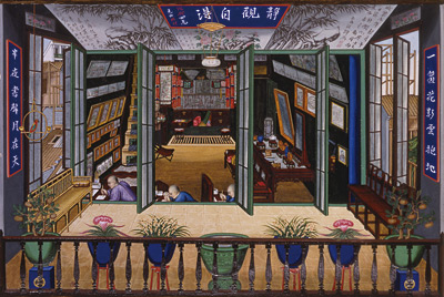 A very high quality export painting, probably early 19th century.  It shows a shop where these images were produced and sold.  Note the more expensive pieces framed western in the western style on the walls.  This image provides a fascinating look back onto the creation on export image during the late Qing dynasty.