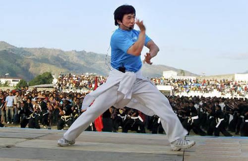 Jackie Chan lead a martial arts demonstration outside of Dili in 2008.  Source: www.china.org.cn