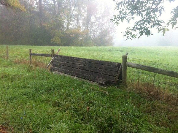 A horse jump designed to let foxhunters safely cross a barbwire fence.  Source: Photo by Benjamin Judkins.  Author's Personal Collection.