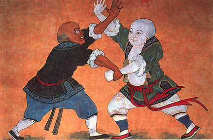 Given that the Shaolin Temple is the most frequently claimed lineage within the traditional Chinese martial arts, I decided to make their unique murals in this post. Source: Detail of Qing dynasty mural, Shaolin Temple.