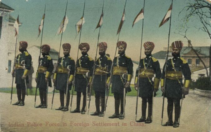 "Indian" police officers in Shanghai. Source: Vintage Postcard.