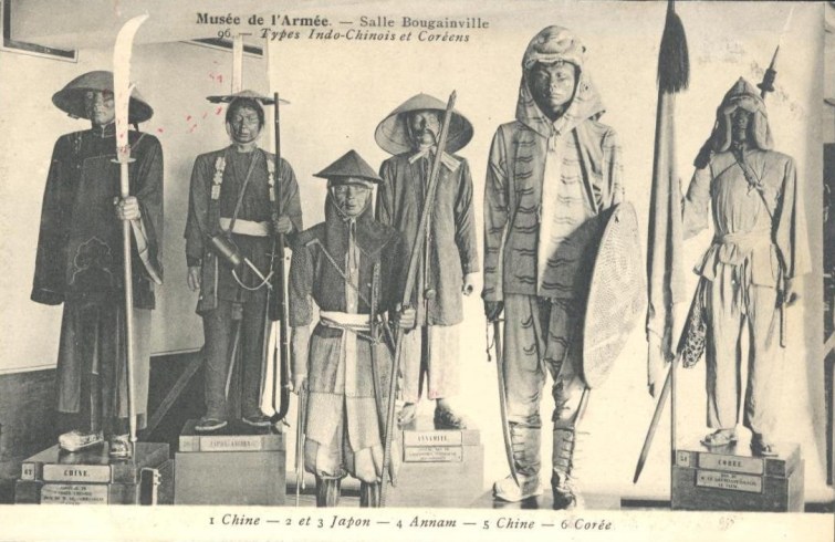 A vintage french postcard showing military uniforms from various Asian countries. Source: Author's personal collection.
