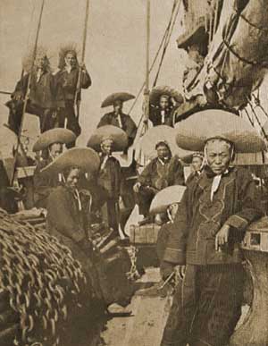 An image of Chinese sailors (often labeled as "pirates") taken from an early 20th century postcard sold in the United States.