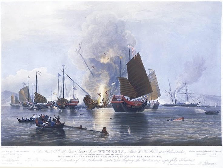 Chinese and British ships engaged in battle.  Source: Wikimedia.