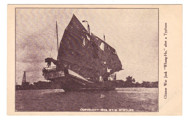 The Whang Ho after surviving a typhoon in the pacific. Source: Vintage postcard, wikimedia.
