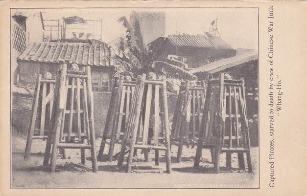 Another postcard sold on the Whang Ho.  This image of prisoner's being held in death cages has been reproduced on numerous postcards through the decades.  It popularity seems to speak to western perceptions about Chinese society.  Source: Author's personal collection.