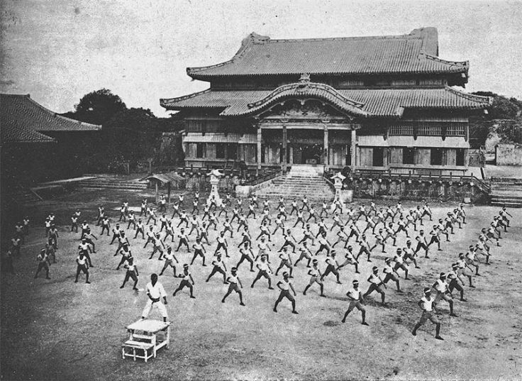 "Karate training at Shuri Castle." from  "空手道大観" (A Broad View of Karatedo), 1938.  Source: Wikimedia.   