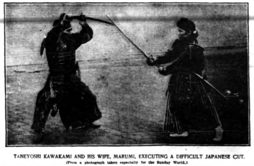 Taneyoshi Kawakami and his wife Marumi practice kenjutsu. From the New York World, May 30, 1897.  Source: Martial Arts New York.