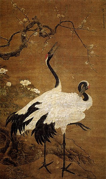 "Snow Plum and Twin Cranes" by Bian Jingzhao, early Ming.  Painting.