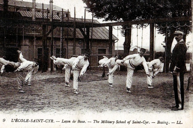 Another vintage postcard showing French Boxing instruction in a military setting.  Source: Wikimedia.