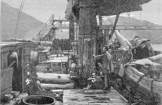 Another 19th century European engraving showing a Windlass on the deck of a Chinese ship.