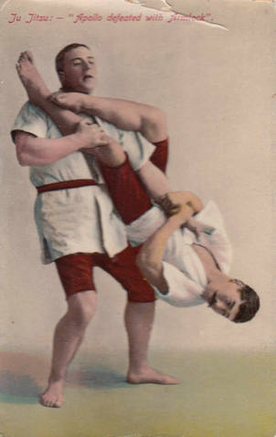 Vintage Postcard. Yukio Tani demonstrating a flying armbar on William Bankier c.1906. Source: Wikimedia.