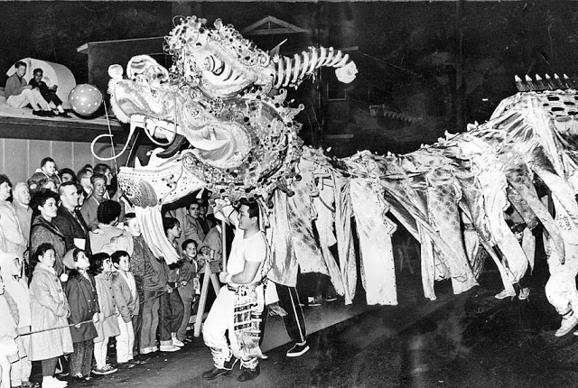 Feb. 1, 1963: Dragon, manipulated by 40 men, takes part in Chinese New Year parade for the Year of the Rabbit in New Chinatown.