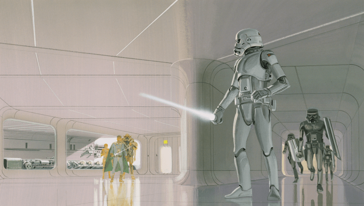Early concept art by Ralph McQuarrie showing a Storm Trooper holding a lightsaber. In the Star Wars mythos a hero may well have to rely on the lightsaber as a means of personal defense.