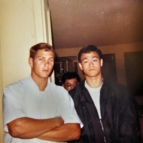 Bruce Lee with Barney Scollan during impromptu demonstrations the night before the first Long Beach International Karate Tournament in 1964. Source: Photo courtesy of Darlene Parker.