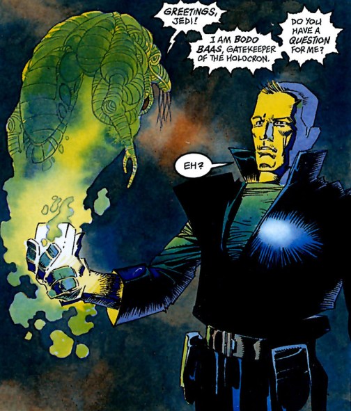 An image of the Ancient Jedi Master Bodo Baas appears to Kam Solusar as the keeper of a Holocron. Source: wookieepedia