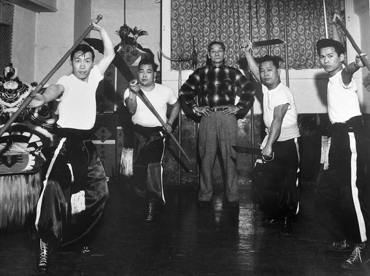 Lau Bun (top center) with senior students in his Hung Sing School of Choy Li Fut in San Francisco's Chinatown, one of the oldest martial arts schools in America. During the summer of 1959, 18-year-old Bruce Lee had a little-known run-in with Lau Bun and his senior students. (Photo courtesy of UC Berkeley)
