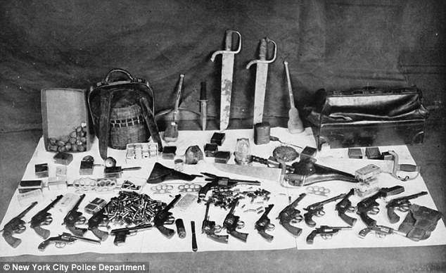 Weapons seized by the NYPD and photographed for a 1922 report on violence in Chinatown. Source: NYPD Public Records/Vice.com.