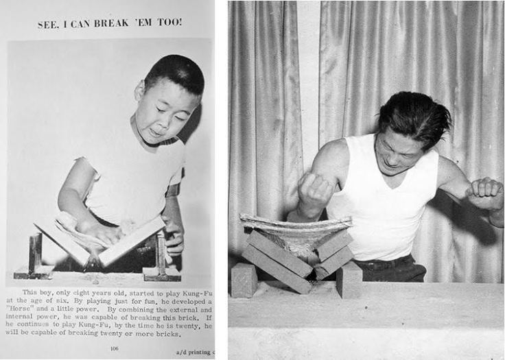  In 1962, TY Wong published an image of his 8 year-old son breaking bricks beneath a patronizing headline. It was meant to parody the Iron Palm abilities of James Lee that were featured in the their first book (right).